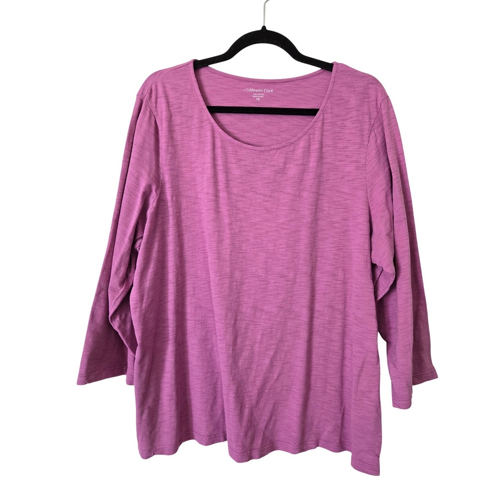 Coldwater Creek Womens 1X Top Purple 3/4 Sleeve Slub 100% Cotton Scoop Neck